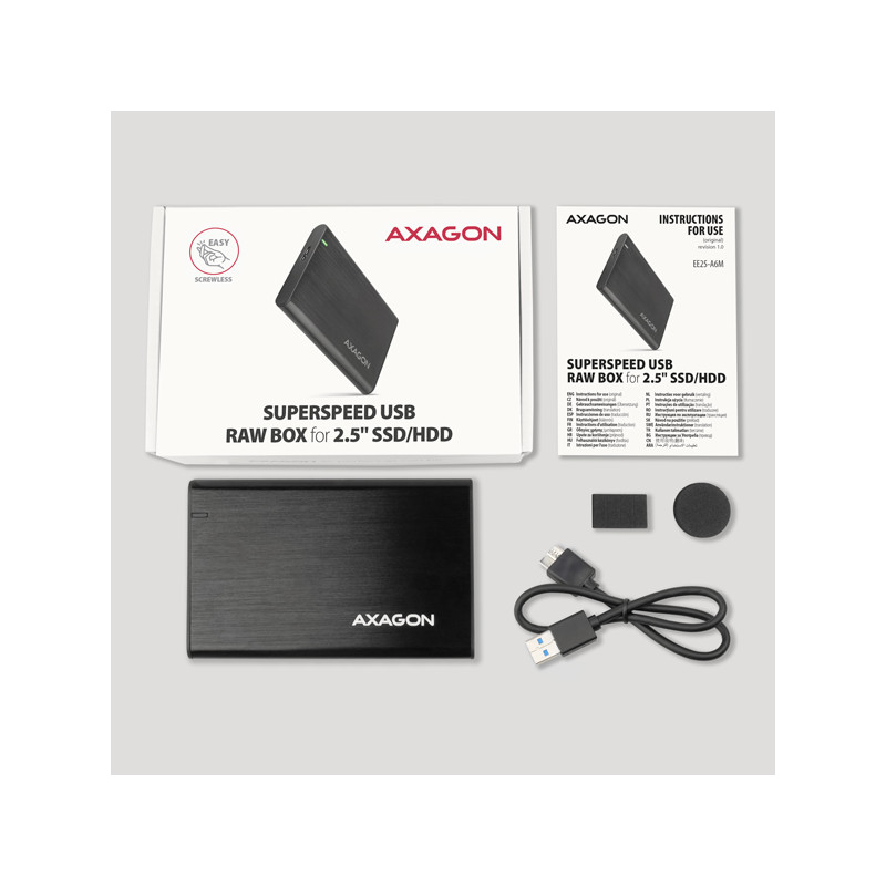 AXAGON EE25-A6M, USB 3.2 Gen 1 - SATA 6G 2.5'' kovový RAW box, bezšroubový