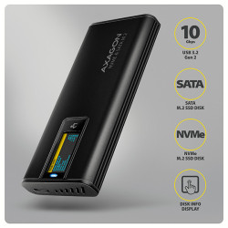 AXAGON EEM2-SD2B, USB-C 10Gbps externý box s displejom pre M.2 NVMe/SATA SSD, bezšroubový, čierny