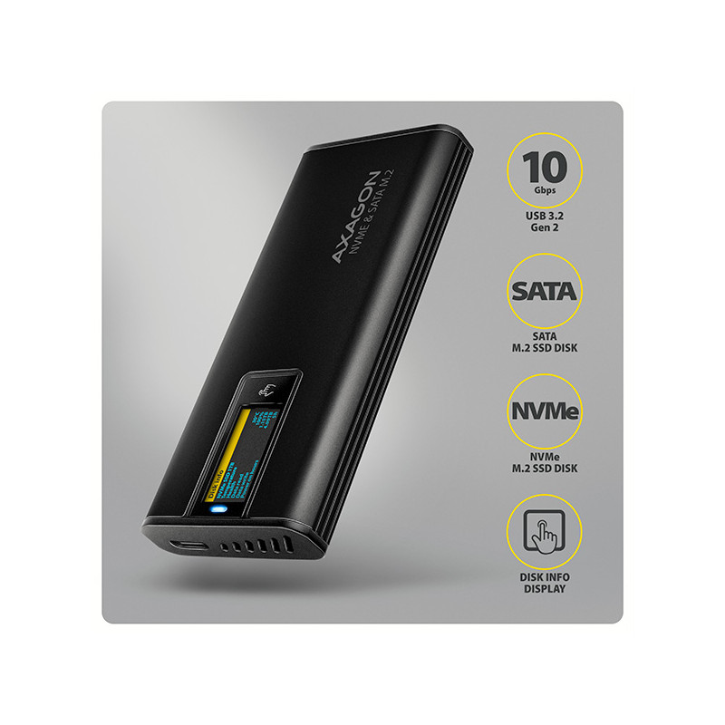 AXAGON EEM2-SD2B, USB-C 10Gbps externý box s displejom pre M.2 NVMe/SATA SSD, bezšroubový, čierny