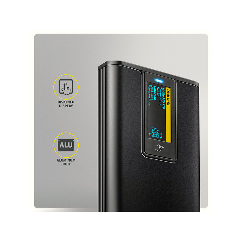 AXAGON EEM2-SD2B, USB-C 10Gbps externý box s displejom pre M.2 NVMe/SATA SSD, bezšroubový, čierny