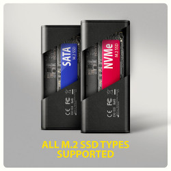 AXAGON EEM2-SD2B, USB-C 10Gbps externý box s displejom pre M.2 NVMe/SATA SSD, bezšroubový, čierny