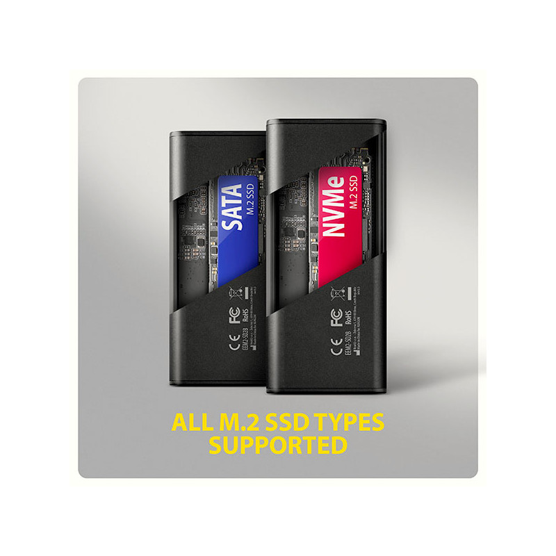 AXAGON EEM2-SD2B, USB-C 10Gbps externý box s displejom pre M.2 NVMe/SATA SSD, bezšroubový, čierny
