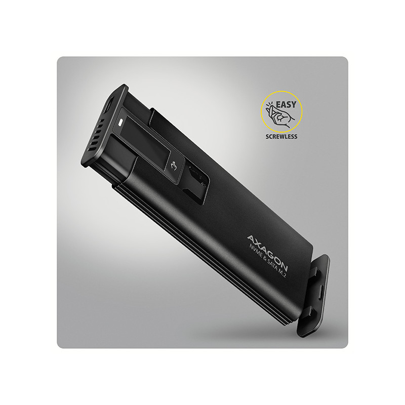 AXAGON EEM2-SD2B, USB-C 10Gbps externý box s displejom pre M.2 NVMe/SATA SSD, bezšroubový, čierny