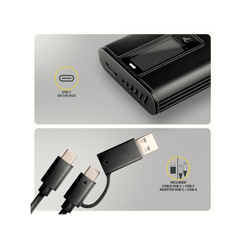 AXAGON EEM2-SD2B, USB-C 10Gbps externý box s displejom pre M.2 NVMe/SATA SSD, bezšroubový, čierny