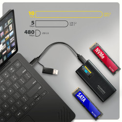 AXAGON EEM2-SD2B, USB-C 10Gbps externý box s displejom pre M.2 NVMe/SATA SSD, bezšroubový, čierny