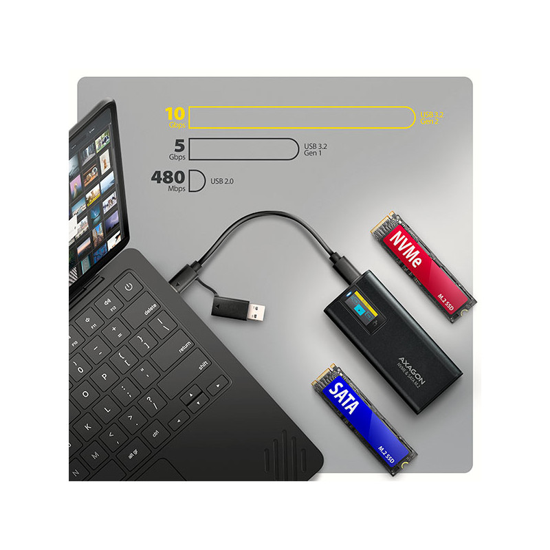 AXAGON EEM2-SD2B, USB-C 10Gbps externý box s displejom pre M.2 NVMe/SATA SSD, bezšroubový, čierny