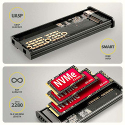 AXAGON EEM2-SD2B, USB-C 10Gbps externý box s displejom pre M.2 NVMe/SATA SSD, bezšroubový, čierny