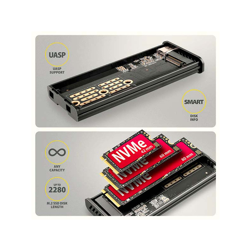AXAGON EEM2-SD2B, USB-C 10Gbps externý box s displejom pre M.2 NVMe/SATA SSD, bezšroubový, čierny