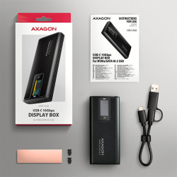 AXAGON EEM2-SD2B, USB-C 10Gbps externý box s displejom pre M.2 NVMe/SATA SSD, bezšroubový, čierny