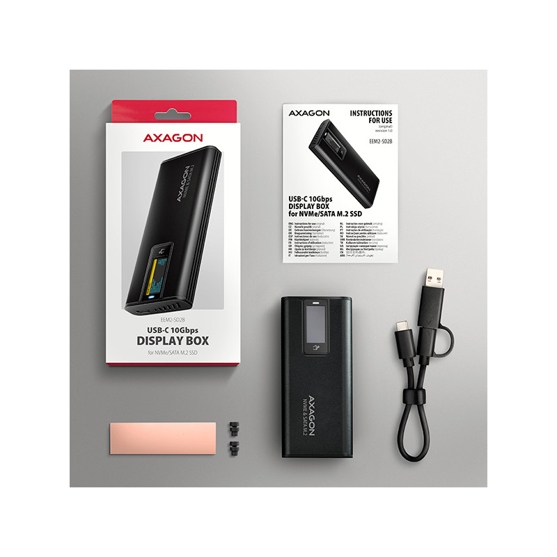 AXAGON EEM2-SD2B, USB-C 10Gbps externý box s displejom pre M.2 NVMe/SATA SSD, bezšroubový, čierny