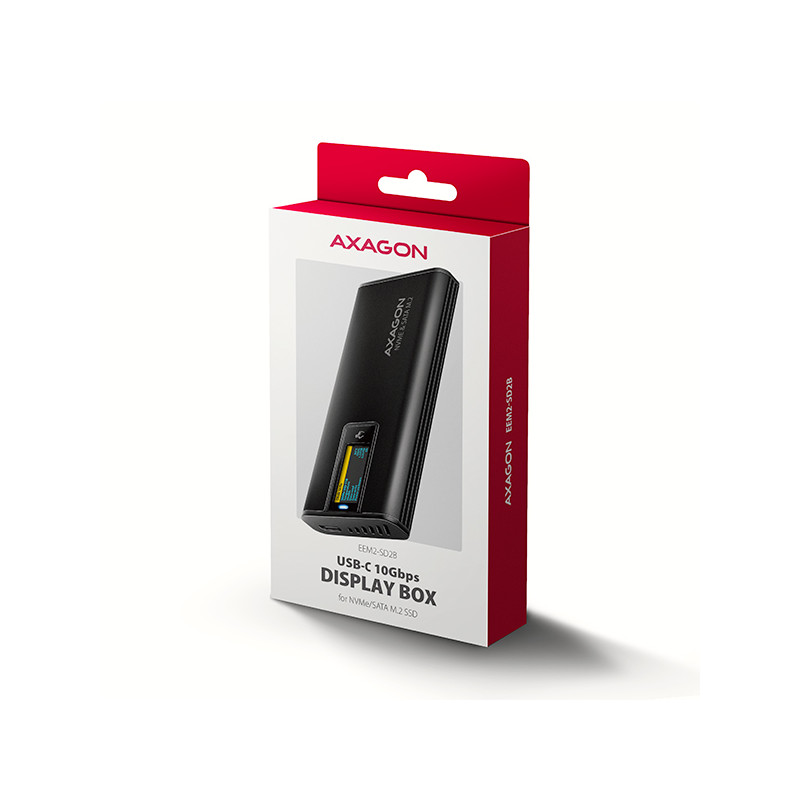 AXAGON EEM2-SD2B, USB-C 10Gbps externý box s displejom pre M.2 NVMe/SATA SSD, bezšroubový, čierny