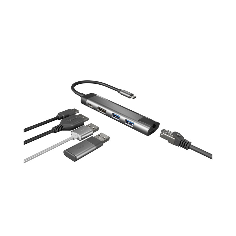 Natec multiport adaptér FOWLER GO HUB 5v1, 2X USB 3.0 HUB, HDMI 4K, USB-C PD, RJ45