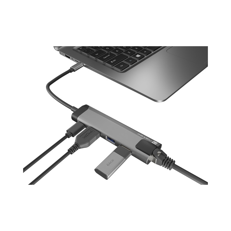 Natec multiport adaptér FOWLER GO HUB 5v1, 2X USB 3.0 HUB, HDMI 4K, USB-C PD, RJ45