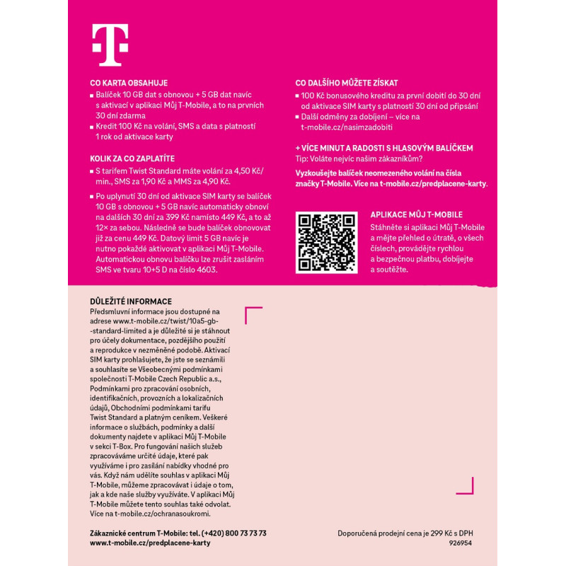 T-mobile Predplatená karta 15GB