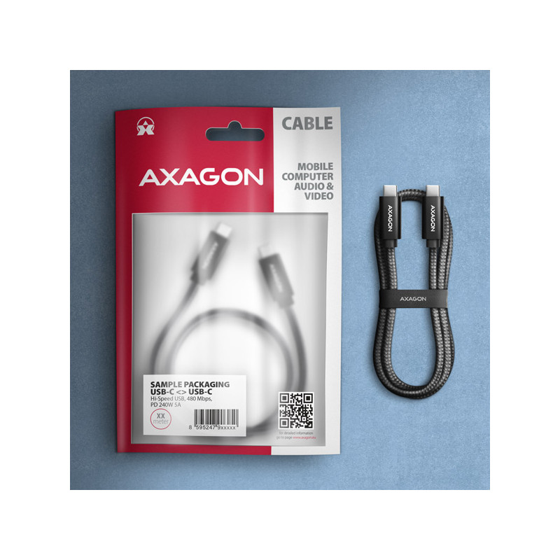 AXAGON BUCM2-CM25AB, CHARGE kábel USB-C -- USB-C, 2.5m, Hi-Speed USB, PD 240W 5A, ALU, oplet, čierny