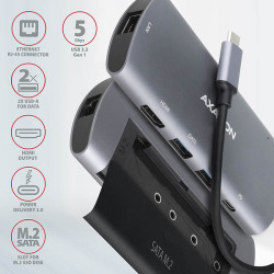AXAGON HMC-6M2, USB 3.2 Gen 1 húb, 2x USB-A, HDMI, RJ-45 GLAN, SATA M.2, PD 100W, kábel USB-C 18cm