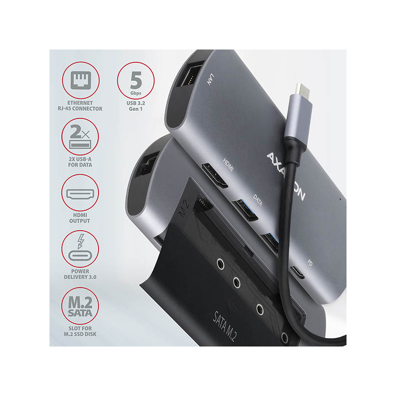 AXAGON HMC-6M2, USB 3.2 Gen 1 húb, 2x USB-A, HDMI, RJ-45 GLAN, SATA M.2, PD 100W, kábel USB-C 18cm
