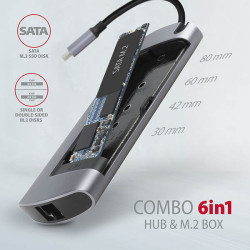 AXAGON HMC-6M2, USB 3.2 Gen 1 húb, 2x USB-A, HDMI, RJ-45 GLAN, SATA M.2, PD 100W, kábel USB-C 18cm