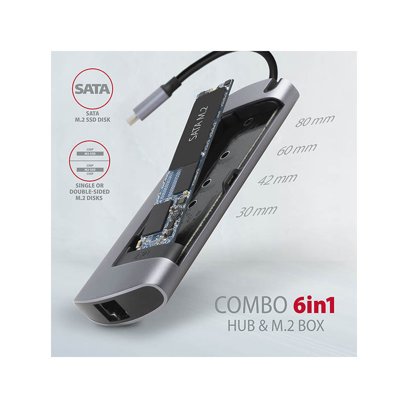 AXAGON HMC-6M2, USB 3.2 Gen 1 húb, 2x USB-A, HDMI, RJ-45 GLAN, SATA M.2, PD 100W, kábel USB-C 18cm