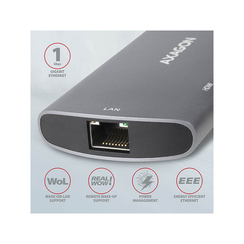 AXAGON HMC-6M2, USB 3.2 Gen 1 húb, 2x USB-A, HDMI, RJ-45 GLAN, SATA M.2, PD 100W, kábel USB-C 18cm