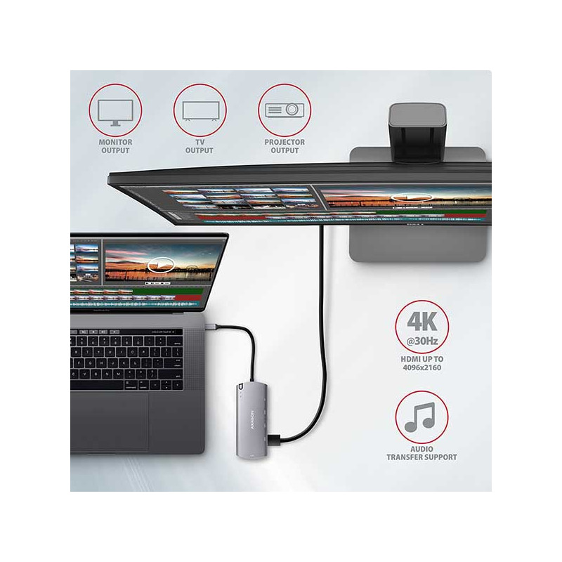 AXAGON HMC-6M2, USB 3.2 Gen 1 húb, 2x USB-A, HDMI, RJ-45 GLAN, SATA M.2, PD 100W, kábel USB-C 18cm