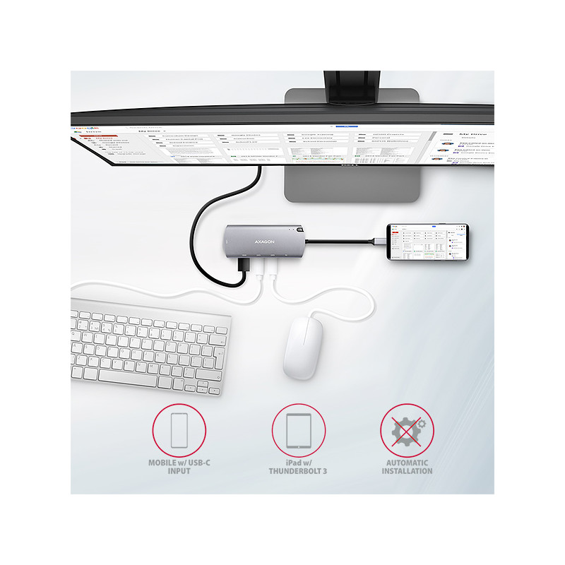 AXAGON HMC-6M2, USB 3.2 Gen 1 húb, 2x USB-A, HDMI, RJ-45 GLAN, SATA M.2, PD 100W, kábel USB-C 18cm