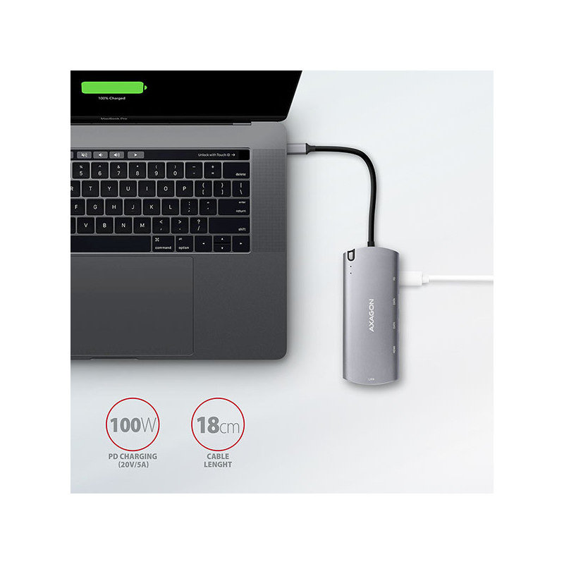 AXAGON HMC-6M2, USB 3.2 Gen 1 húb, 2x USB-A, HDMI, RJ-45 GLAN, SATA M.2, PD 100W, kábel USB-C 18cm