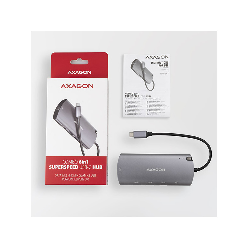 AXAGON HMC-6M2, USB 3.2 Gen 1 húb, 2x USB-A, HDMI, RJ-45 GLAN, SATA M.2, PD 100W, kábel USB-C 18cm