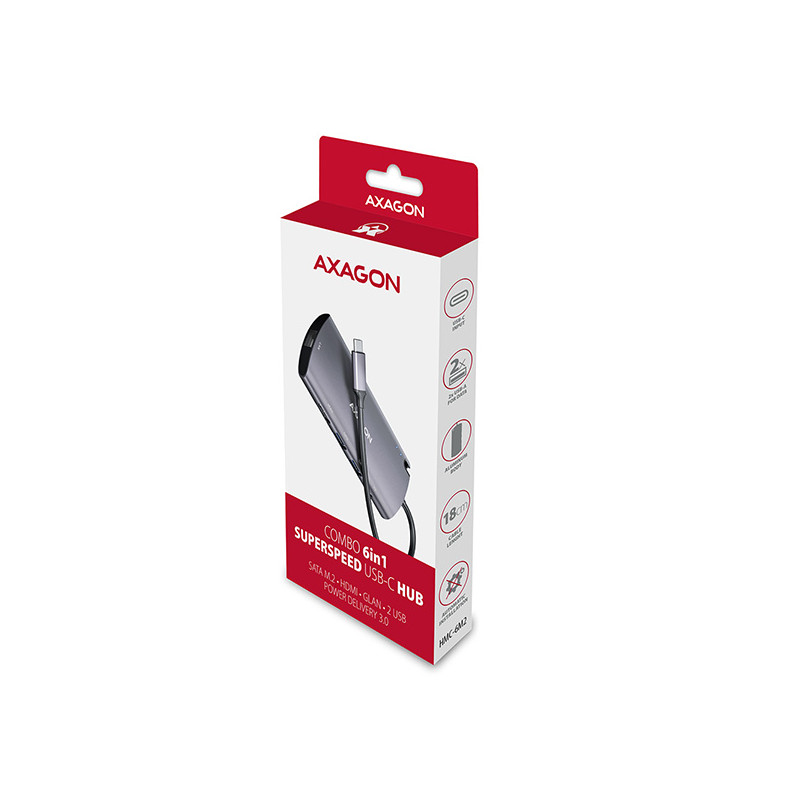 AXAGON HMC-6M2, USB 3.2 Gen 1 húb, 2x USB-A, HDMI, RJ-45 GLAN, SATA M.2, PD 100W, kábel USB-C 18cm