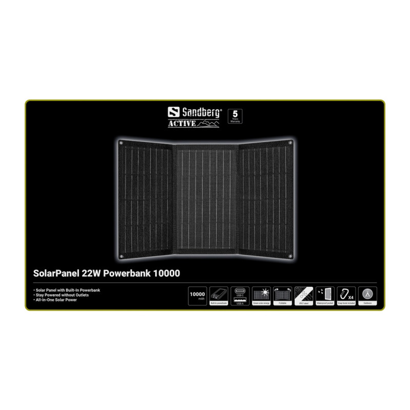 NONAME - Sandberg SolarPanel 22W Powerbank 10000 mAh, solárna powerbanka, čierna