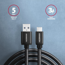 AXAGON BUCM3-AM20AB, SPEED kábel USB-C -- USB-A, 2m, USB 3.2 Gen 1, 3A, ALU, oplet, čierny