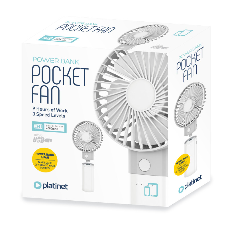 FELLOWES - Platinet PRDF6107 kapesný ventilátor 10 cm, funkcia powerbanky 4000 mAh, biela-šedá