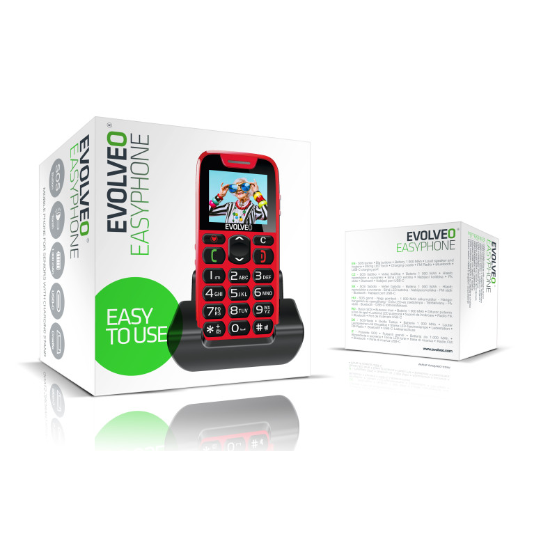 EVOLVEO EasyPhone, mobilný telefón pre seniorov s nabíjacím stojanom, červená
