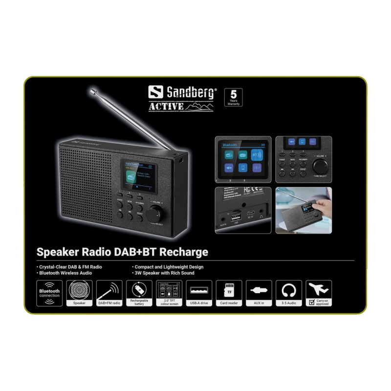 NONAME - Sandberg Speaker Radio DAB+BT Recharge, prenosné DAB+/FM rádio s Bluetooth, čierna