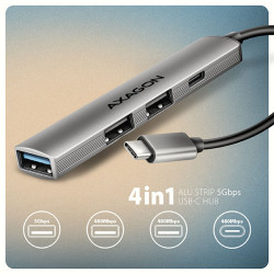 AXAGON HUE-STC, 4x USB ALU STRIP húb, 1x USB-A 5Gbps, 2x USB-A & 1x USB-C 480Mbps, kábel USB-C 12cm