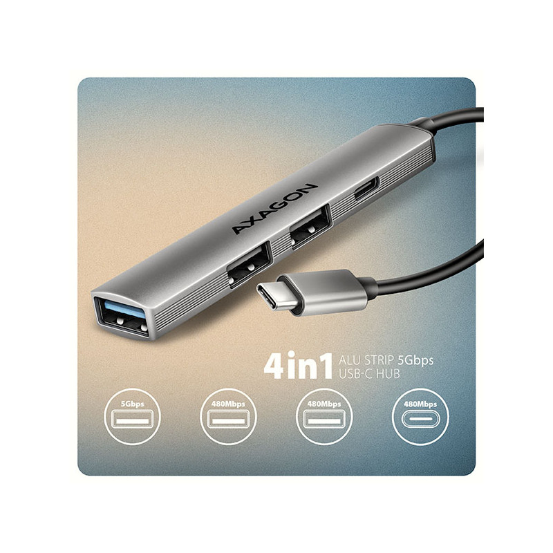 AXAGON HUE-STC, 4x USB ALU STRIP húb, 1x USB-A 5Gbps, 2x USB-A & 1x USB-C 480Mbps, kábel USB-C 12cm