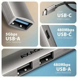 AXAGON HUE-STC, 4x USB ALU STRIP húb, 1x USB-A 5Gbps, 2x USB-A & 1x USB-C 480Mbps, kábel USB-C 12cm