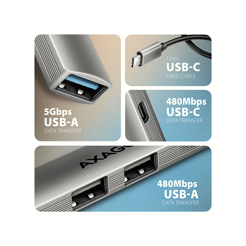 AXAGON HUE-STC, 4x USB ALU STRIP húb, 1x USB-A 5Gbps, 2x USB-A & 1x USB-C 480Mbps, kábel USB-C 12cm