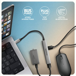 AXAGON HUE-STC, 4x USB ALU STRIP húb, 1x USB-A 5Gbps, 2x USB-A & 1x USB-C 480Mbps, kábel USB-C 12cm