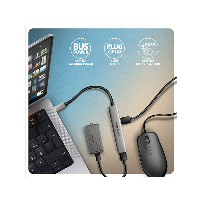 AXAGON HUE-STC, 4x USB ALU STRIP húb, 1x USB-A 5Gbps, 2x USB-A & 1x USB-C 480Mbps, kábel USB-C 12cm