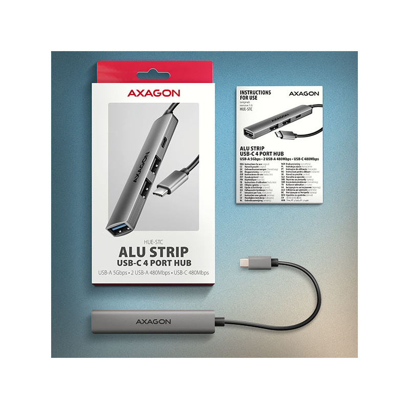 AXAGON HUE-STC, 4x USB ALU STRIP húb, 1x USB-A 5Gbps, 2x USB-A & 1x USB-C 480Mbps, kábel USB-C 12cm