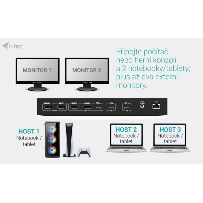 i-tec USB-C KVM Docking station pre 3 Hosts, Dual Display, 2x Power Delivery (1x 92W/2x 65W)
