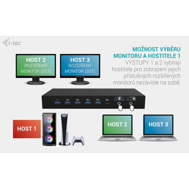 i-tec USB-C KVM Docking station pre 3 Hosts, Dual Display, 2x Power Delivery (1x 92W/2x 65W)