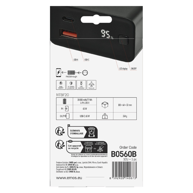 EMOS PWB NTBF20 20000 MAH 65W PD 1×USB-C 1×USB-A