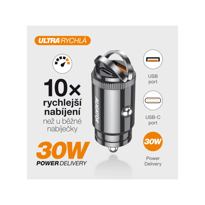 Aligator mini nabíjačka do auta Power Delivery 30W, USB-C + USB-A, USB-C/USB-C kábel