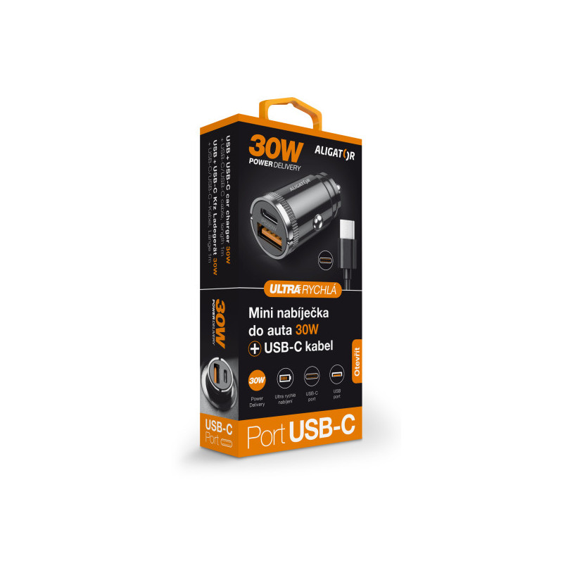 Aligator mini nabíjačka do auta Power Delivery 30W, USB-C + USB-A, USB-C/USB-C kábel