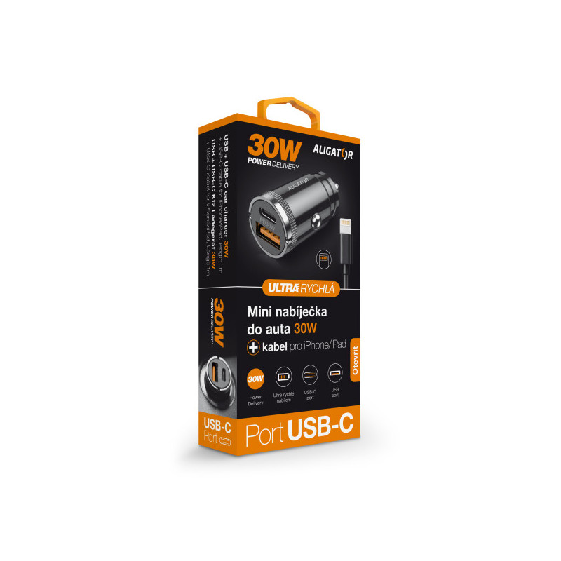 Aligator mini nabíjačka do auta Power Delivery 30W, USB-C+USB-A, USB-C kábel pre iPhone/iPad