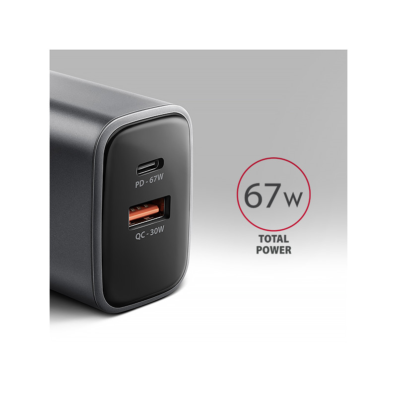 AXAGON ACU-PQ67 GaN nabíjačka do siete 67W, USB-A + USB-C, PD3.0/PPS/QC4+/SFC2.0/Apple