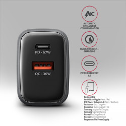 AXAGON ACU-PQ67 GaN nabíjačka do siete 67W, USB-A + USB-C, PD3.0/PPS/QC4+/SFC2.0/Apple