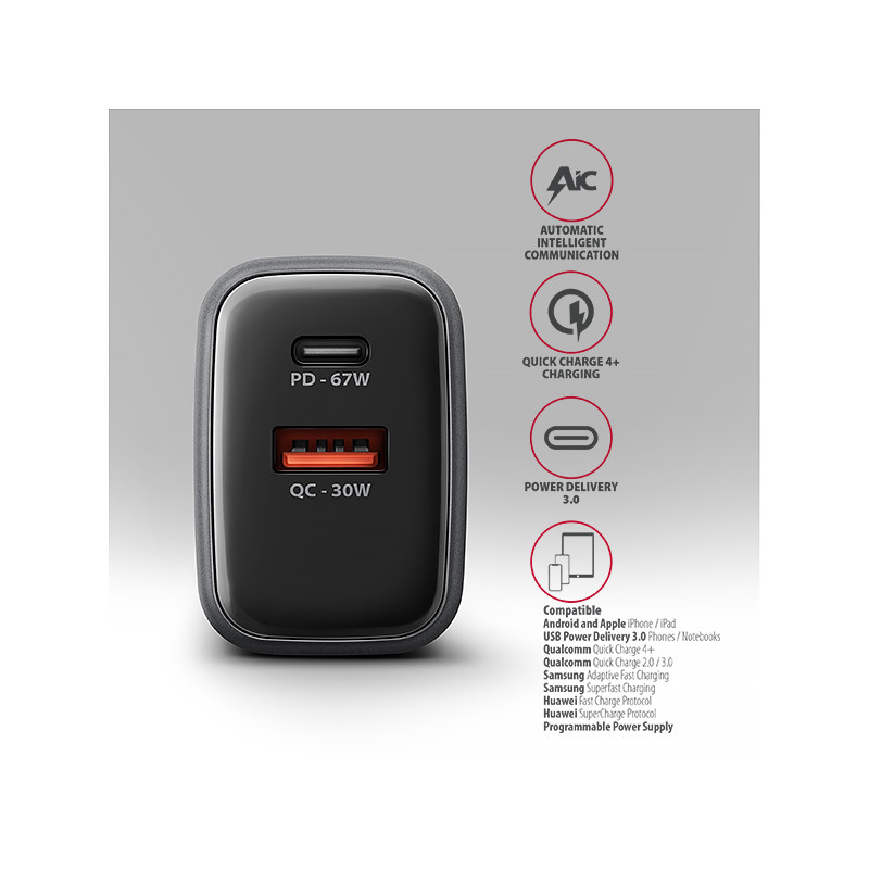 AXAGON ACU-PQ67 GaN nabíjačka do siete 67W, USB-A + USB-C, PD3.0/PPS/QC4+/SFC2.0/Apple